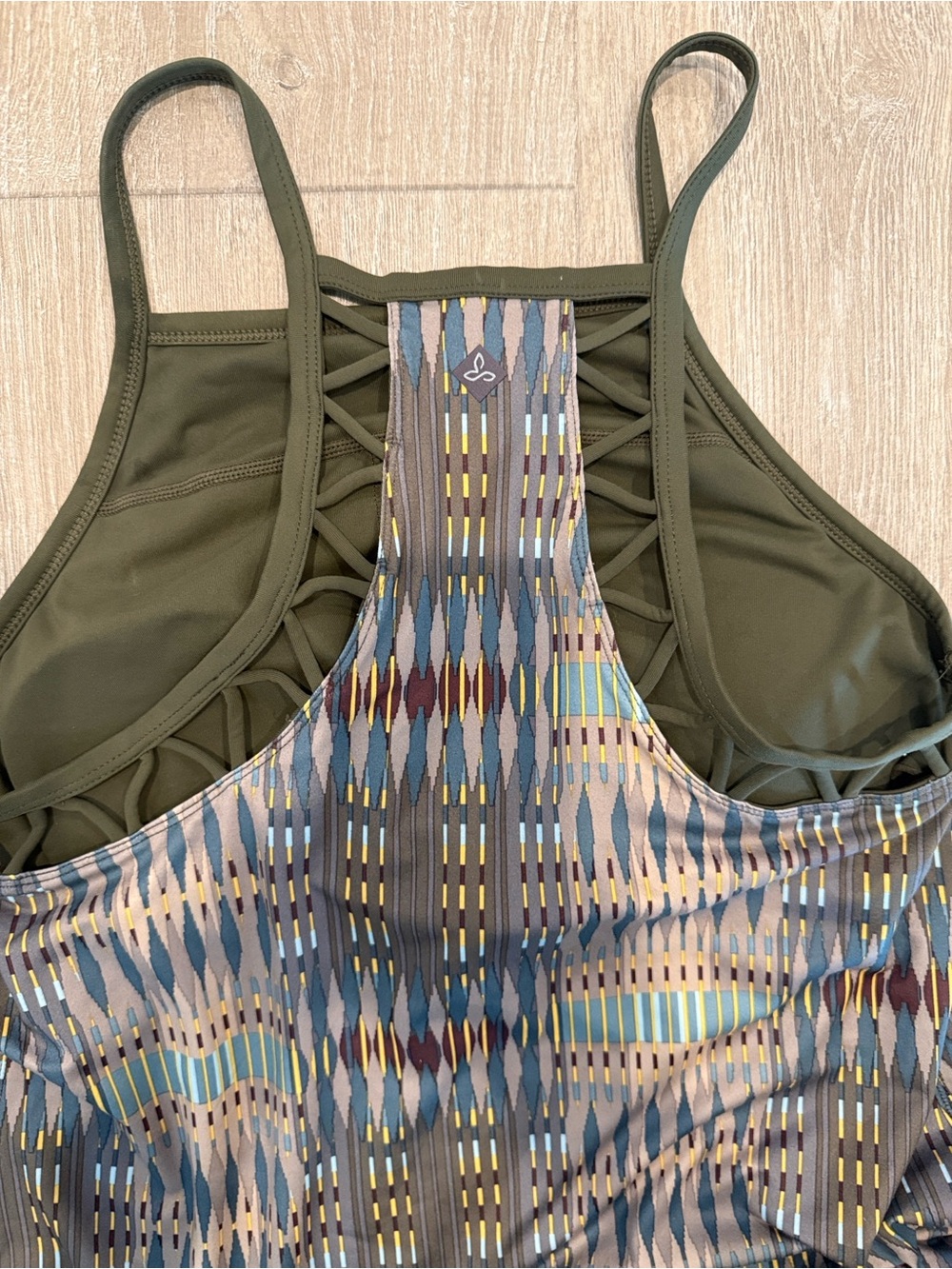 Prana Multicolor Geometric Halter Mini Dress with Olive Trim - Picture 6 of 8
